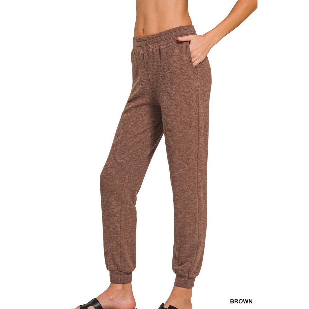 Zenana Jogger Pants Womens Large Brown NWOT Cotton Slub CP-2537Y Casual